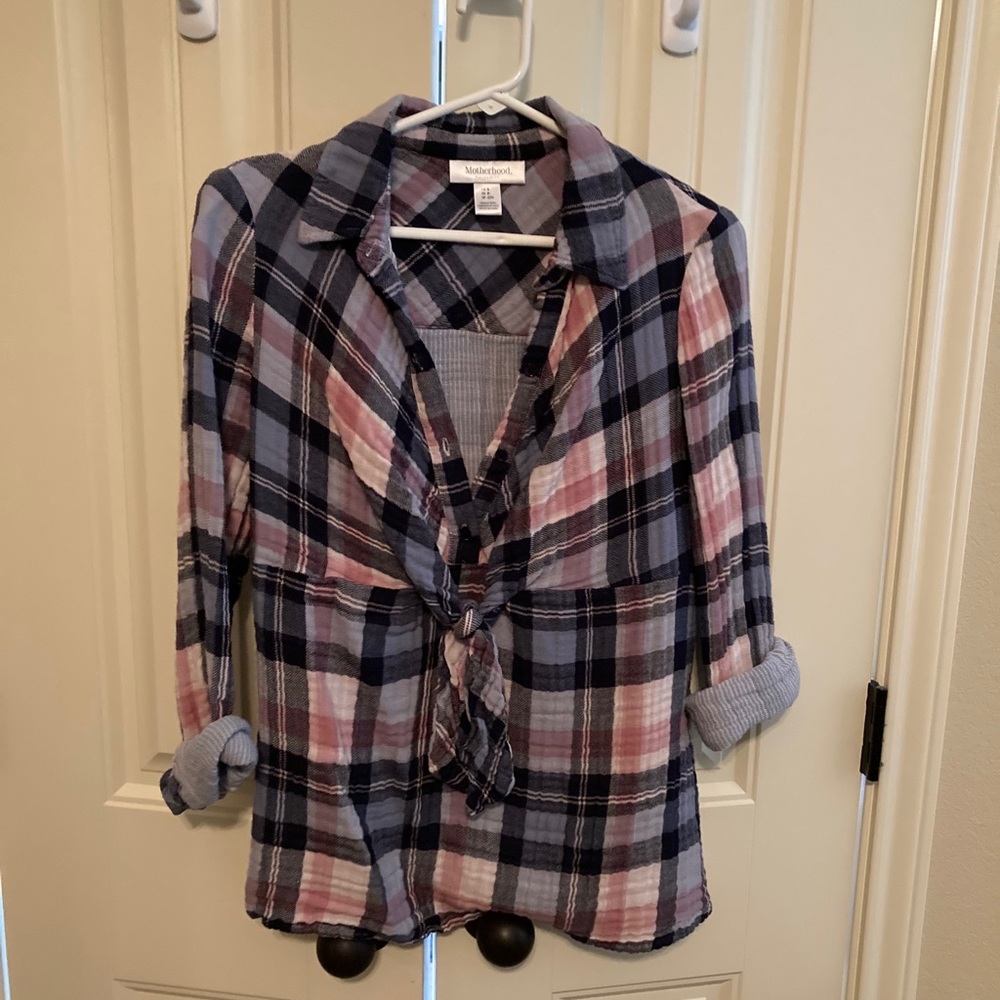 Plaid pink/blue maternity top
